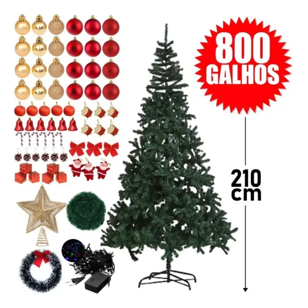 Árvore De Natal Decorada Completa 70 Enfeites + Pisca 210cm